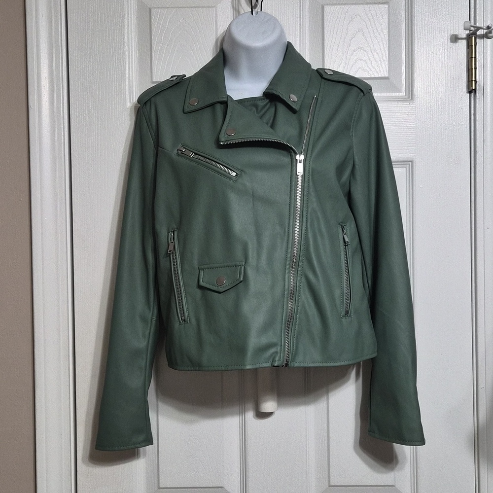 Nine West Fashion Faux Leather Moto Jacket Green Excellent Condition Size Small
